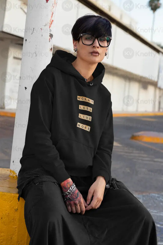 Inspirational Hoodie: ’Worry Less Live More’ Cozy Sweatshirt for Relaxation Motivation Gift Casual Wear Self-Care